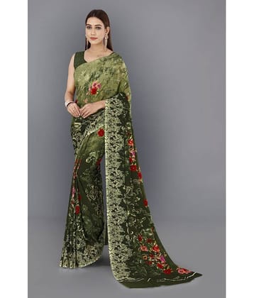 ANAND SAREES Georgette Printed Saree With Unstitched Blouse Piece ( Green )