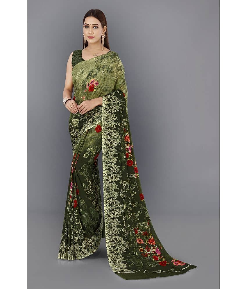 ANAND SAREES Georgette Printed Saree With Unstitched Blouse Piece ( Green )