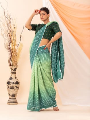Pistachio Green cotton by silk chanderi Bandhani Saree