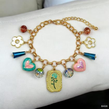 Heart Flower Charm Beads Enamel Multicolour 18K Gold Anti Tarnish Chain Bracelet For Women