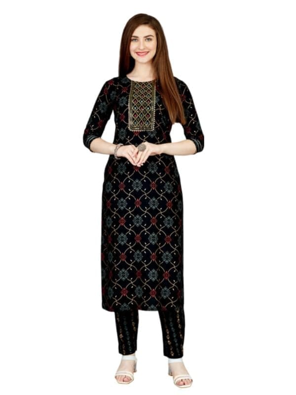 Women's Casual 3-4 th Sleeve Embroidery Rayon Kurti Pant Set (Black, 2XL)-PID50204