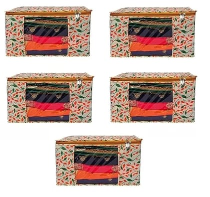 Bindian Multipurpose Saree Cover for Wardrobe Storage | Premium Non-Woven Fabric Cloth Organizer Box with Transparent Window & Zipper | Ideal for Storing Sarees & More (Beige, Pack of 5)