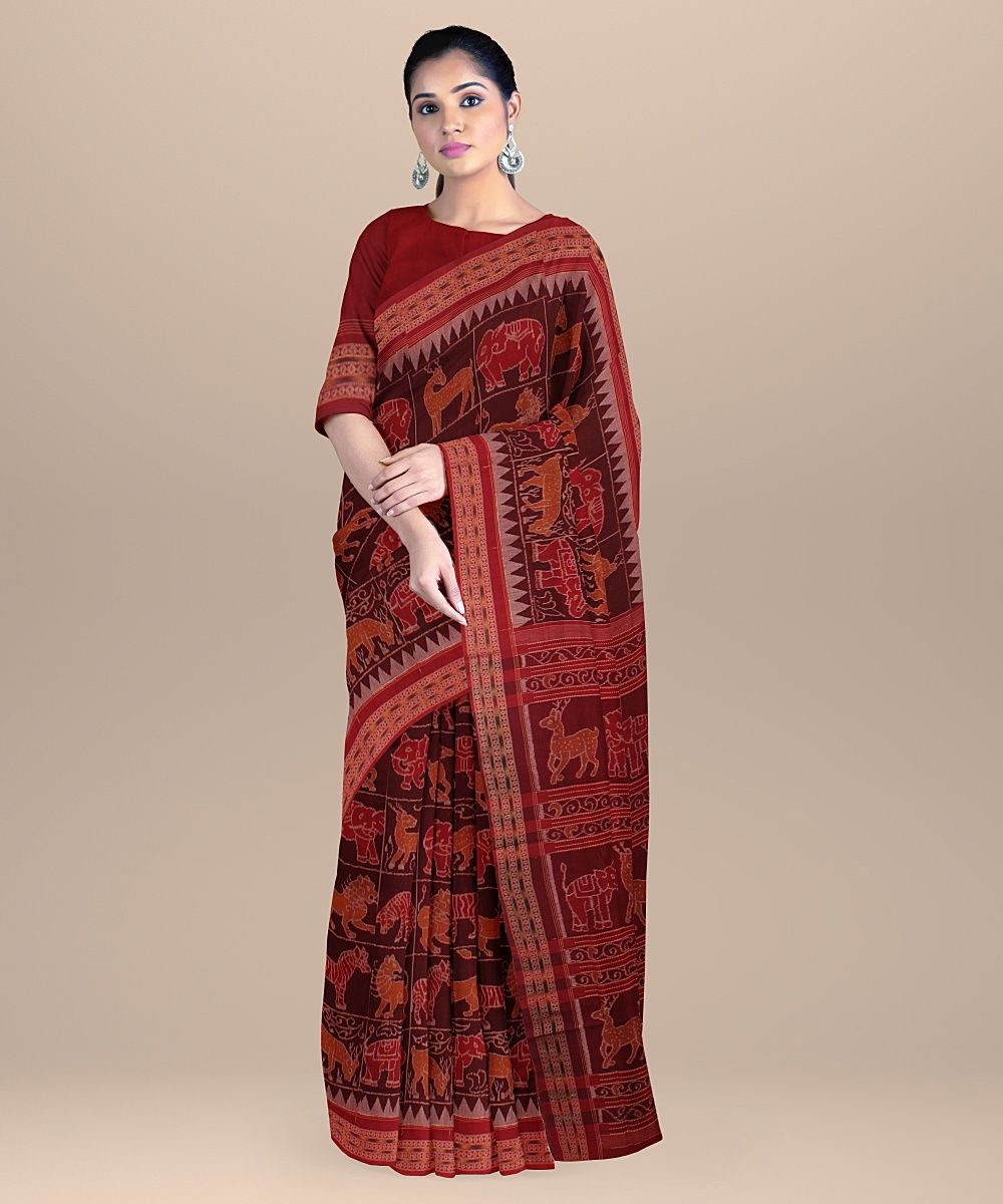 Maroon Red cotton Handloom Sambalpuri Saree