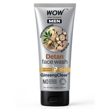 WOW Skin Science Men Detan Face Wash | Face Wash for Oily Skin with Korean Ginseng & Kojic Acid | Helps Remove Tan, Reduce Dark Spots & Brighten Skin | SulphateFree | GinsengClear | 100mL WOW Skin Science Men Detan Face Wash | Face Wash for Oily Skin wit