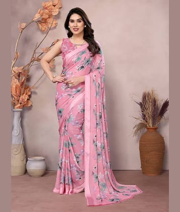 VEDANT VASTRAM Chiffon Printed Saree With Unstitched Blouse Piece ( Pink )
