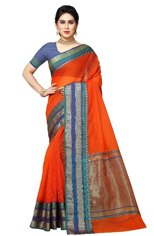 Generic Women's Kota Doria Cotton Border Saree With Blouse (Fanta, 5-6  Mtr)
