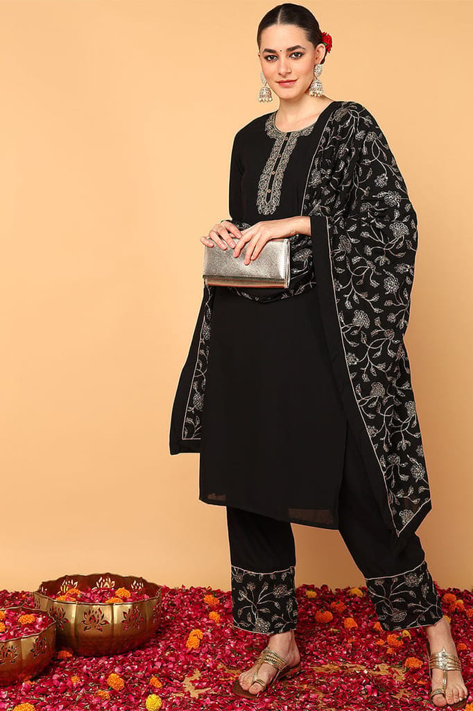 Plus Size Black Poly Georgette Solid Embroidered Straight Suit Set PKSKD1875 - Kurtas & Kurta Sets | Buy online on ZillyBuy