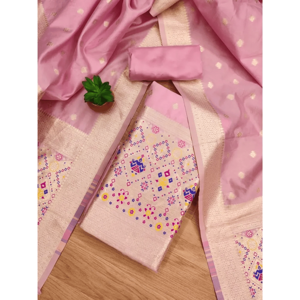 Generic Women's Banarasi Silk Printed Unstitched Salwar Suit Material With Dupatta (Light Pink, 3Mtrs)