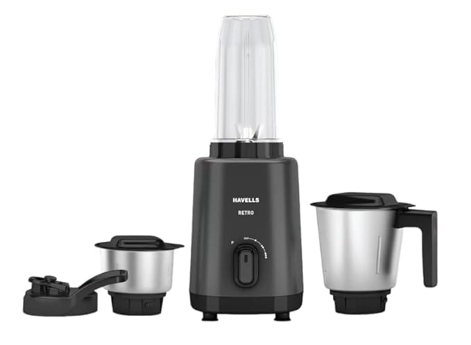 Havells Retro Nutri-Xl 500 Watts 3 Jar Mixer Grinder|21000Rpm| RoHS Complaint | 600Ml Nutri Jar with Sipper Lid | 1L Dry/Wet Grinding Jar |2Yr Product & 5Yr Motor Manufacturer Warranty (Black)