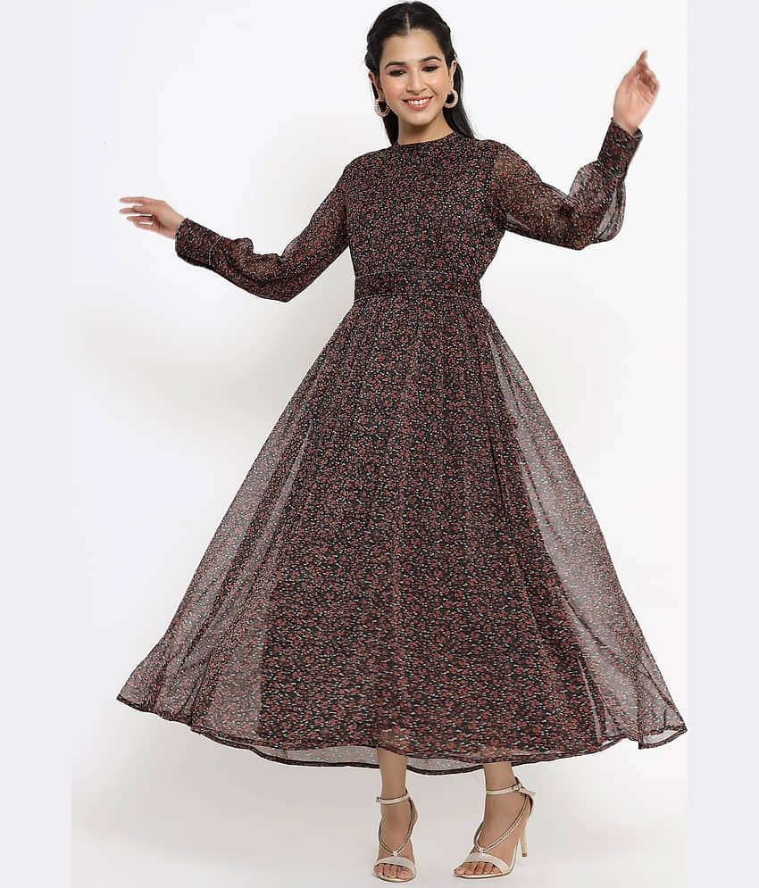 Juniper Women Chiffon Printed Fit & Flare Dress ( Black )