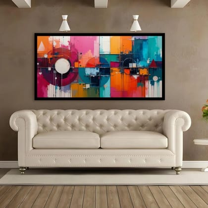 Luminary Synesthesia Matrix–Geometric Fusion Museum-Quality Cotton Canvas Handprint for Dining Room Décor | Frame Size (127 X 69 Cm) | Frame Type (Black) | 5-Year Warranty