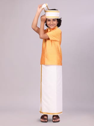 Boys Golden Yellow Color Half Sleeves Shirt with Gold Jari Flexi Dhoti Adorable Boy-Kids 01 - 02 Yrs / H/S / Orange