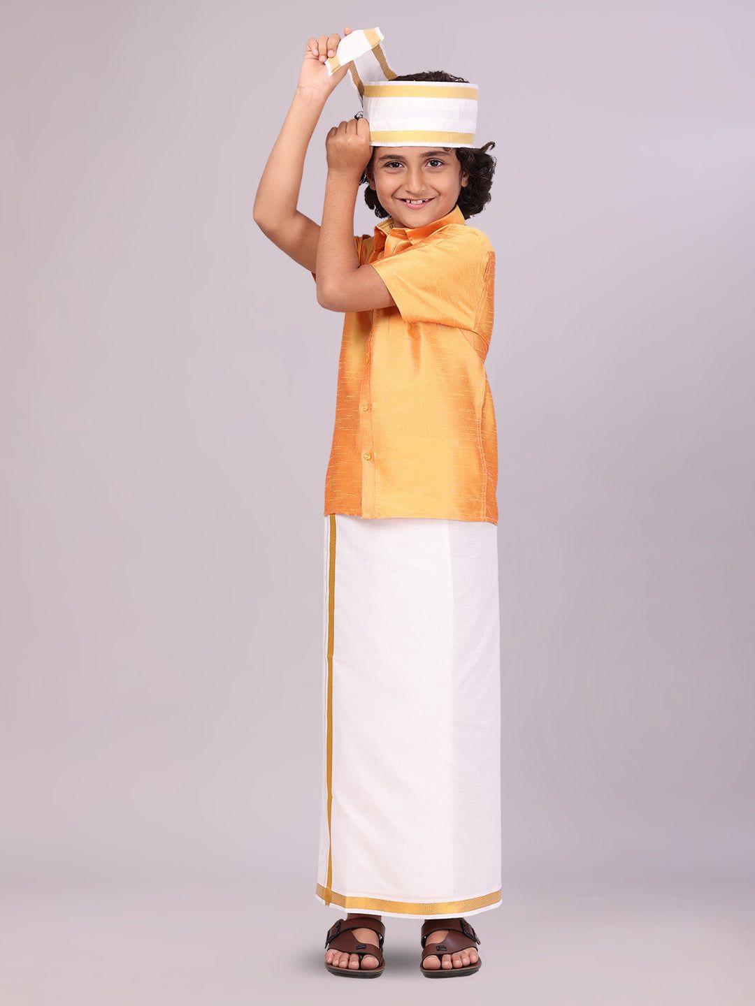 Boys Golden Yellow Color Half Sleeves Shirt with Gold Jari Flexi Dhoti Adorable Boy-Kids 01 - 02 Yrs / H/S / Orange