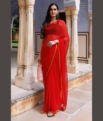 VIOUR Chiffon Solid Regular Saree With Unstitched Blouse Piece ( Red )