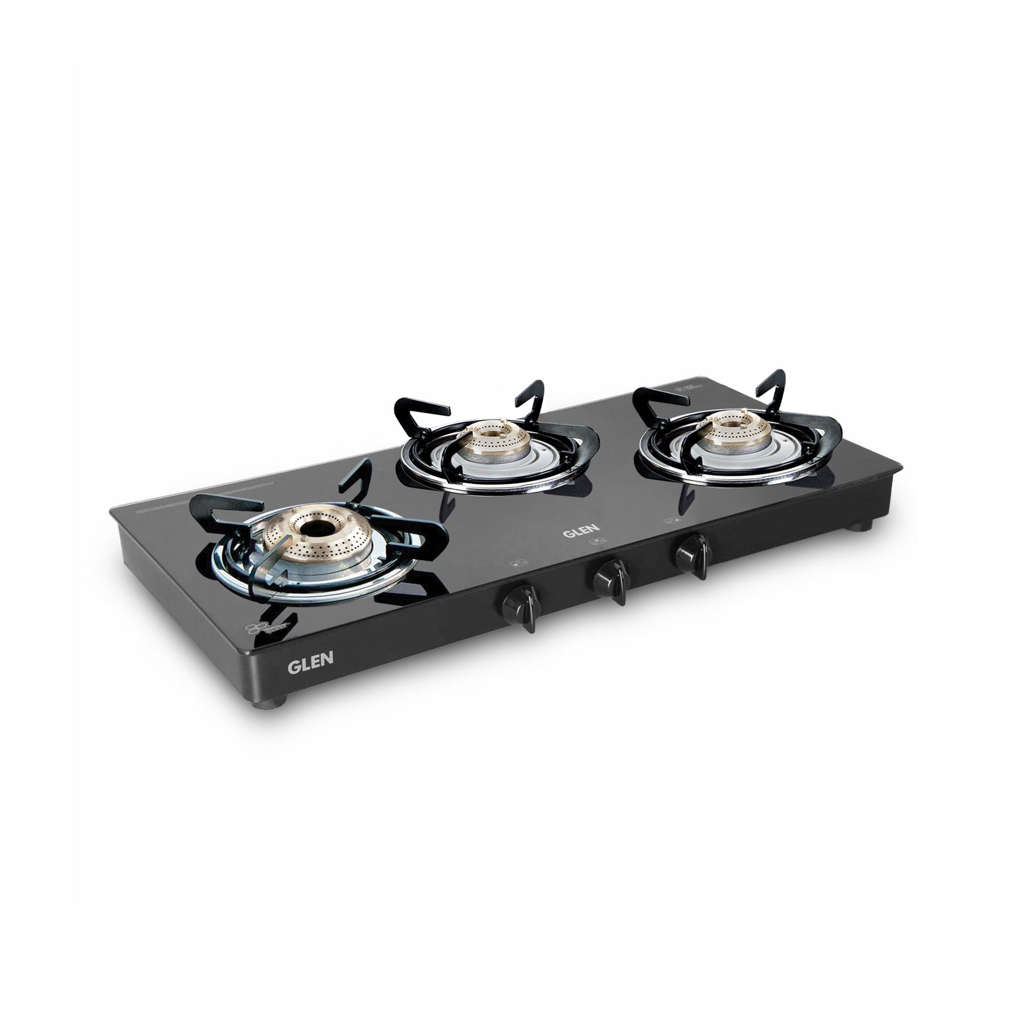 3 Burner Glass Gas Stove with High Flame Brass Burner Double Drip Tray (CT032GTHFBBDDBL) - Manual/Auto Ignition