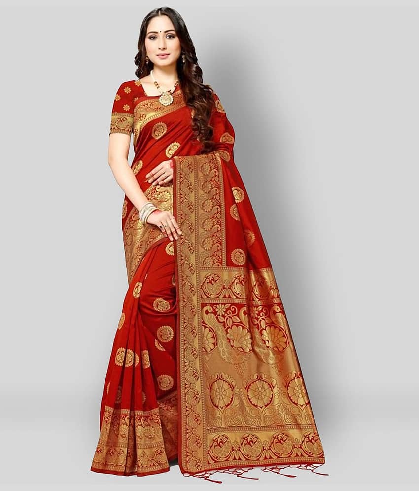 NENCY FASHION Banarasi Silk Embellished Saree With Unstitched Blouse Piece ( Red )