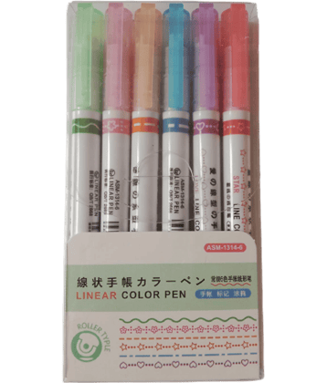 2360 YESKART- 6 PC  Highlighter Pen Set, Linear Roller Color Pens, Dual Tip Pens with 6 Different Shapes Fine Tips, Colorful Pattern -