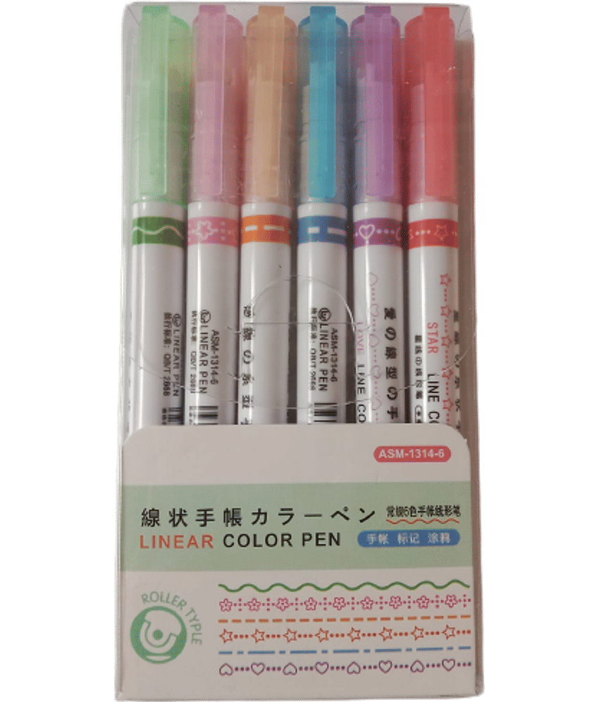 2360 YESKART- 6 PC  Highlighter Pen Set, Linear Roller Color Pens, Dual Tip Pens with 6 Different Shapes Fine Tips, Colorful Pattern -