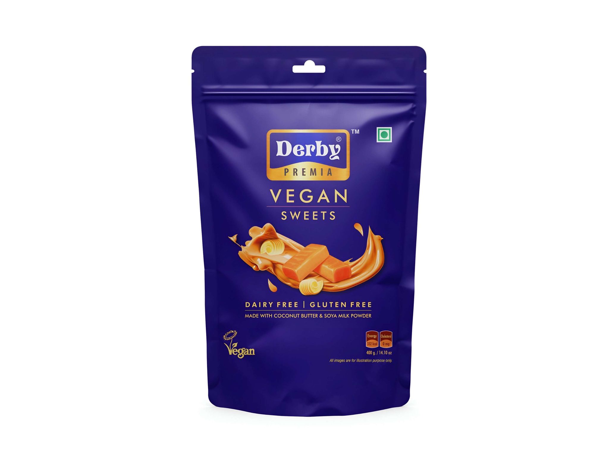 Derby Premia Vegan Sweets Toffee, Dairy-Free and Gluten-Free Toffees with Coconut Butter & Soya Milk Powder Pack Of 1 - 400g, Return gift to you