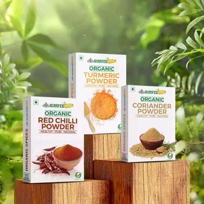 SIMFED Organic Spice Combo – Turmeric, Red Chilli & Coriander Powder (100 Gm Each, Pack of 3)