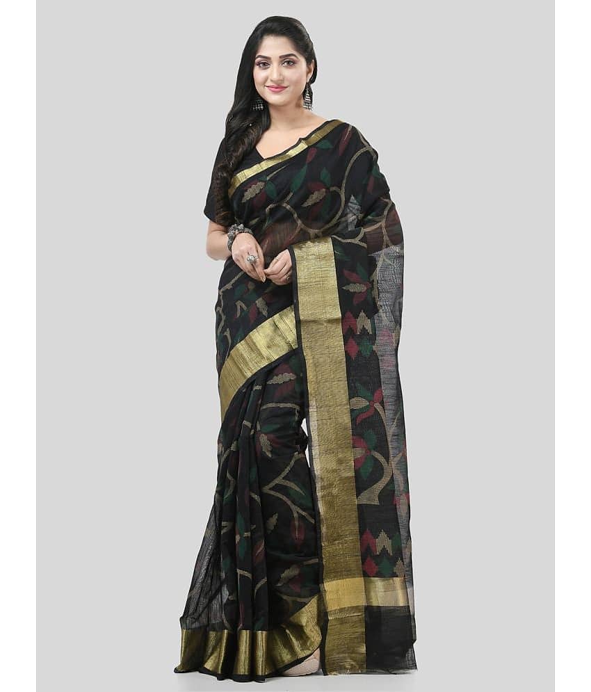 Desh Bidesh Cotton Blend Self Design Saree With Unstitched Blouse Piece ( Black )