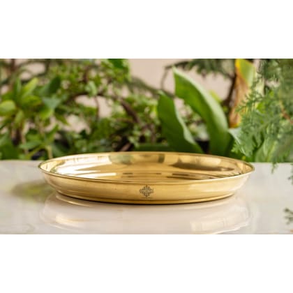 Indian Art Villa Brass Embossed Thali/Plate – Decorative Floral Design Plate for Pooja, Festivals, Gifting & Home Décor
