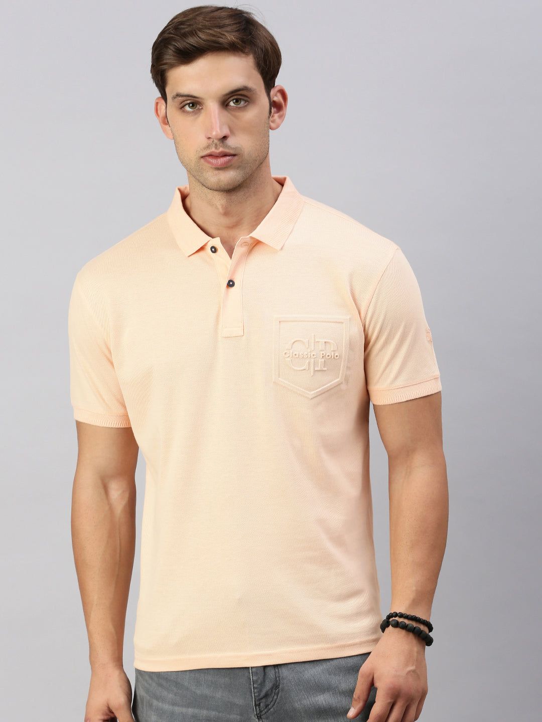 Classic Polo Men's Half Sleeve Light Orange Polo Neck Slim Fit Solid T-Shirt | ELITE-POLO-23 A SF P