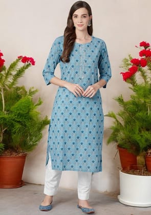 Sky blue Floral Straight Kurta-XS