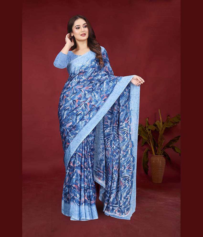 JIHANA FAB Chiffon Printed Saree With Unstitched Blouse Piece ( Blue )