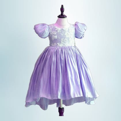 Girls' Lavender Puff-Sleeve Party Dress | Floral Lace Bodice | Festive Occasion