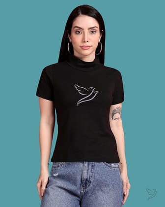 High Neck - Graphic Tee - Black-S / Black