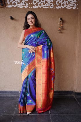 Authentic Handloom Pure Silk Muniya Border Maharani Paithani - Dual Tone Peacock Blue with Beautiful Peacock Buttis and Meena Work