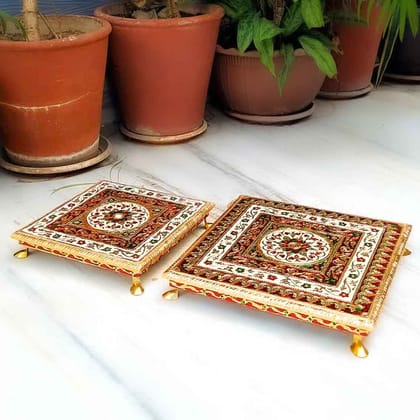 Pooja Chowki Bajot Set - For Diwali Puja, Home, Temple, Festivals & Gifts - 10 Inch & 12 Inch (Pack of 2)-Design 1
