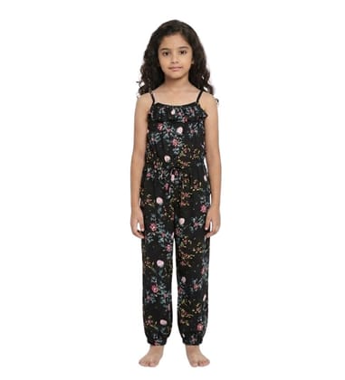 Girl's Rayon Floral Sleeveless Jumpsuit (Black-Pink, 3-4-Yrs)-PID66087