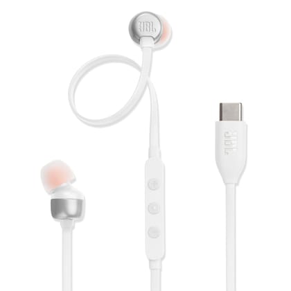 JBL Tune 310 Wired in Ear Type C Headphones, Hi-Res Audio with Digital-to-Analog Converter, 3-Button EQ Preset Remote with Microphone, Tangle-Free Flat Cable, Compatible with USB-C Devices (White) JBL Tune 310 Wired in Ear Type C Headphones, Hi-Res Audio