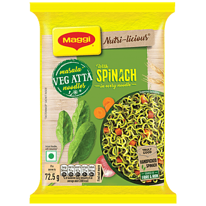 MAGGI Nutri-Licious Masala Veg Atta Noodles With Spinach - Rich In Fibre & Iron, 72.5 g MAGGI Nutri-Licious Masala Veg Atta Noodles With Spinach - Rich In Fibre & Iron, 72.5 g