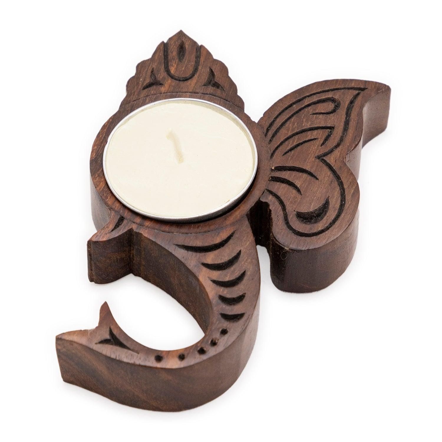 Eyaas Block Carved Ganesha T-light Holder in Stained Steam Beech Wood  Handcrafted Decorative Accent