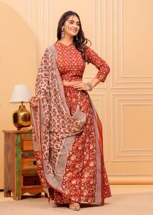 Festive Fusion Blockprinted Scarlet Red Lehanga Choli Set-S (36)