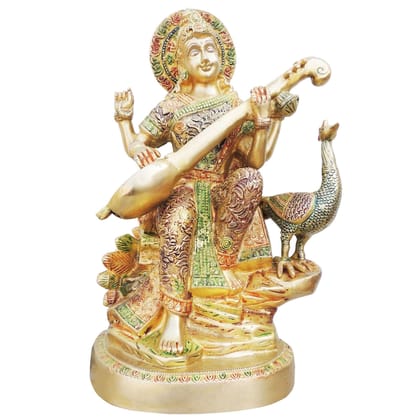 Brass Saraswati Colour Statue - Vibrant Decorative Idol, Height : 15.5 Inch (BSMAS930 A)