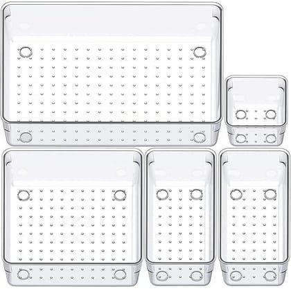 Panchhi Store Drawers Organisers Transparent Dressing Table Organiser 4 Size Versatile Drawer Organizer Trays, Storage Bins for Makeup, Bedroom, Kitchen Gadgets Utensils and Office Acrylic Pack of 5