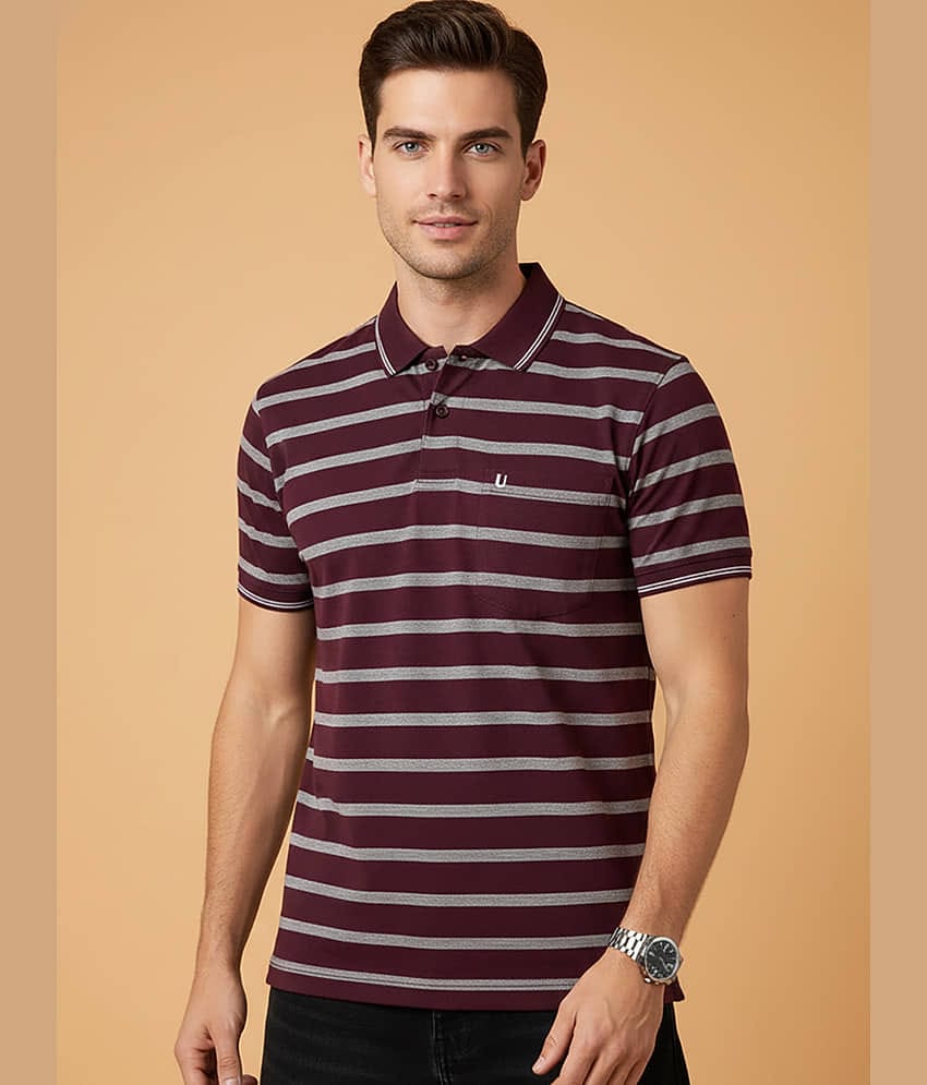 UNIBERRY Men Cotton Blend Regular Fit Striped Polo T Shirt ( Wine )