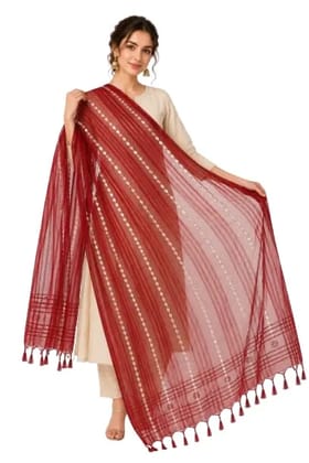 Organza Maroon Color Dupatta With Mirror Work And Striped Design Adorned With Elegant Tassels For Festive Ensembles That Elevate Your Style With A Graceful Flowing Drape