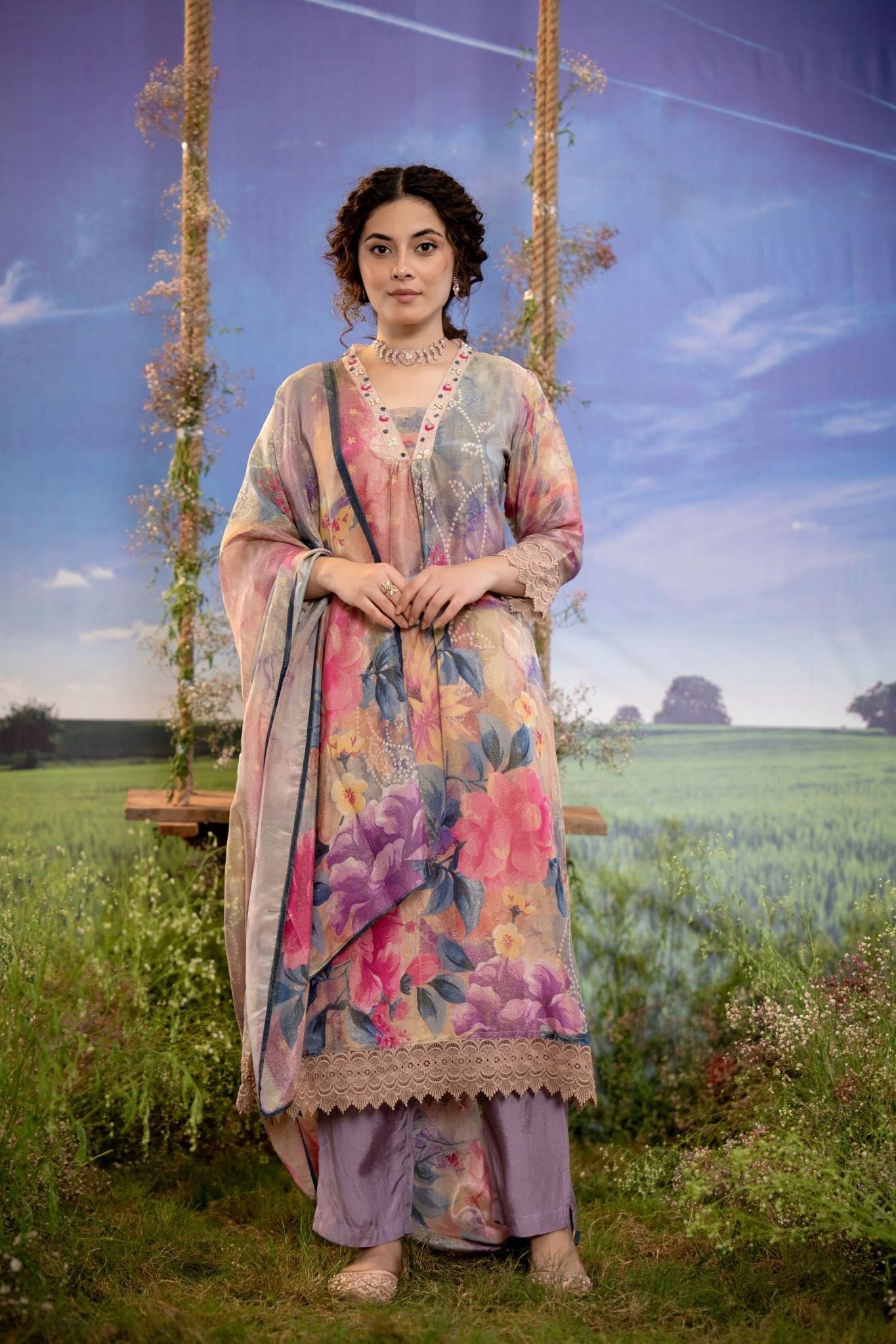 LILAC EMBROIDERED KURTA SET-MULTICOLOR / M