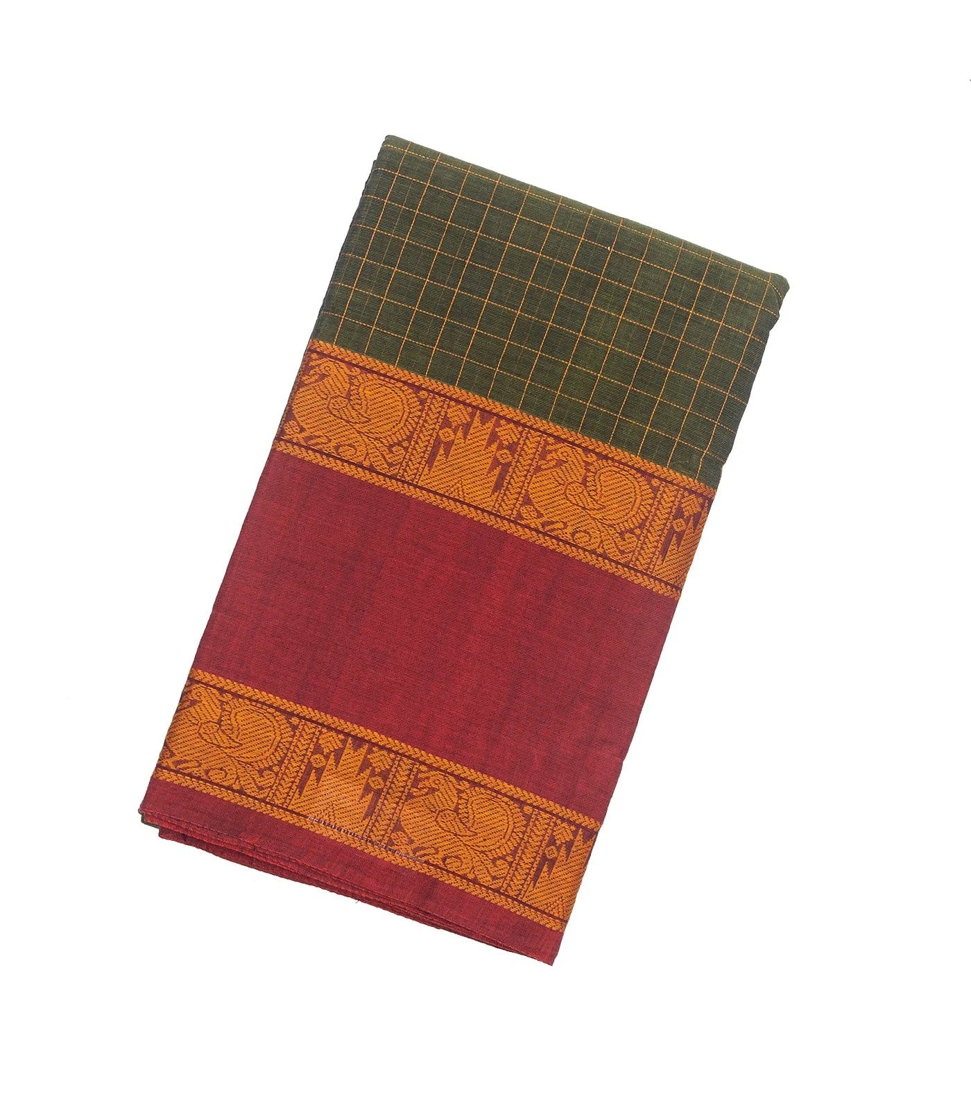 Green Handloom Kanchi Cotton Saree With Crimson Border-Green