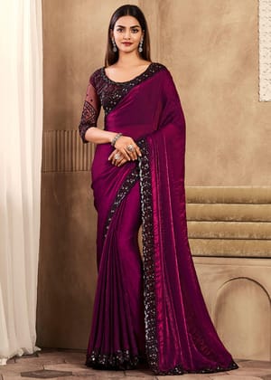 Wine Purple Designer Embroidered Saree