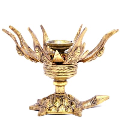 Brass Ganesh Curved Metal Flower Candle Holder On Tortoise (BSMAS1163 A)