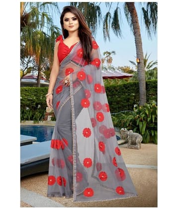 Gazal Fashions Net Embroidered Saree With Unstitched Blouse Piece ( Light Grey )