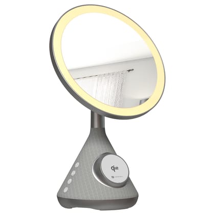 Portronics MOVO 3 In 1 Wireless Charger With 5W Bluetooth Speaker and Makeup Mirror, Qi2 Certified 15W Wireless Charging, 3 LED Lights With Adjustable Intensity, 90 Adjustable Mirror, Type C Input (Silver)