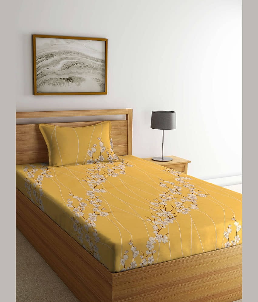 Klotthe Cotton Floral 1 Single Bedsheet with 1 Pillow Cover - Yellow