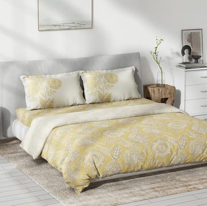DDECOR - Primary Collection 100% Cotton Ethnic Pattern 145TC King Bedsheet |254 CM X 274 CM|, Quilt and with 2 Pillow Covers - Yellow